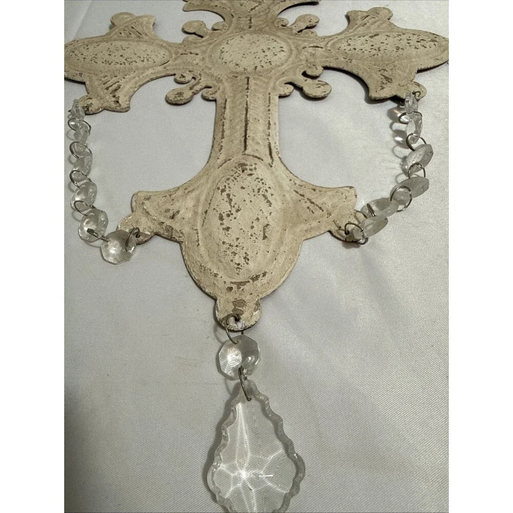 Vintage Metal Cross Decor With Glass Beads Hanging Rustic Off White Flat